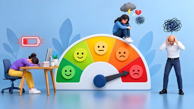 A colorful mood gauge meter points to a negative red level, flanked by an exhausted worker at a desk, a stressed woman, and a frustrated man.