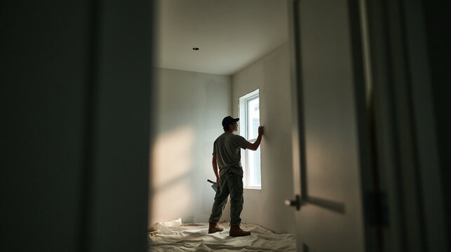 Drywall Finisher Working on Interior Wall Renovation