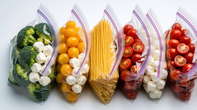 Fresh food ingredients in plastic zip bags. Broccoli, yellow tomatoes, pasta, red cherry tomatoes, mozzarella balls arranged on white surface. Healthy meal prep components ready for cooking, storage