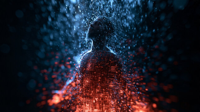 Digital Human Silhouette Glowing with Data Particles and Circuitry
