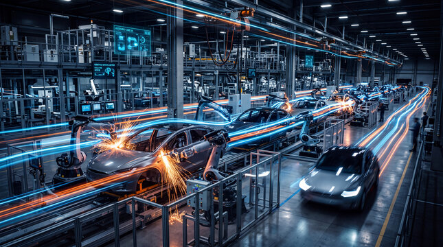 Automated Assembly Line in Modern Electric Car Factory