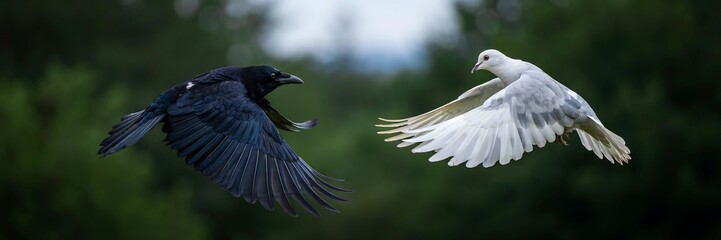 Fototapeta premium Soaring Black Raven Meets White Dove in a Striking Dynamic Nature Scene