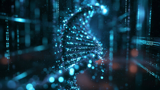 Futuristic Digital DNA Helix with Glowing Molecular Particles