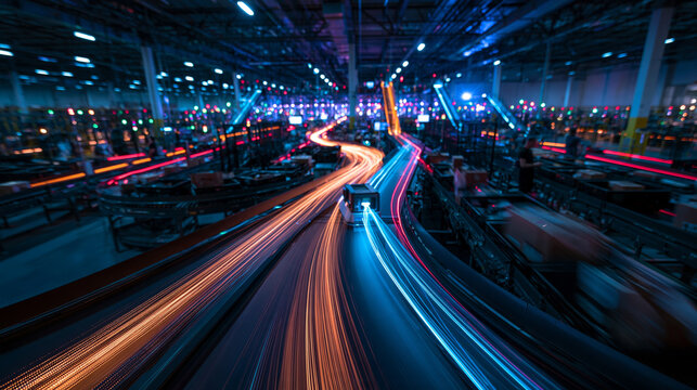 Automated Logistics Warehouse with Fast Moving Conveyor Belts