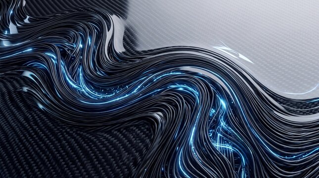 Abstract Data Flow and Glowing Blue Fibers on Carbon Fiber