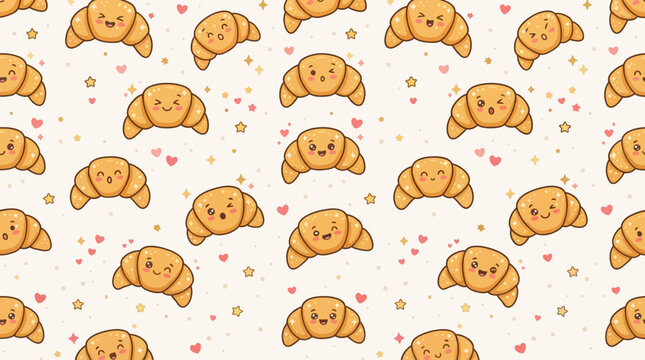 Cute croissant cartoon characters pattern for cheerful food-themed