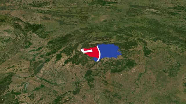 Satellite map animation of Slovakia with zoom in and zoom out, moving clouds, growing ink-shape waving flag of the country, gradient outline indicating the border. Concept for broadcast, social media.
