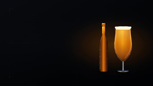 Sleek negative space beer animation pairing cold amber bottle and frothy glass with carbonation, gold accents, and copy space in 10s loop.