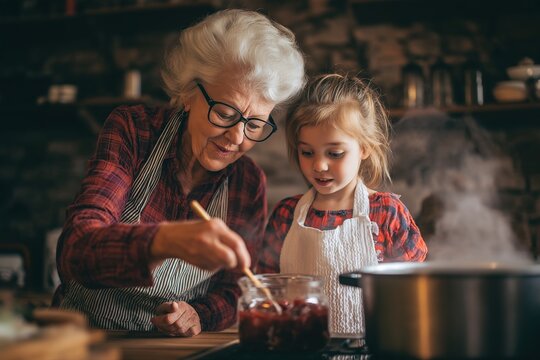 Grandmother teaches grandchild cooking traditional family recipes in kitchen