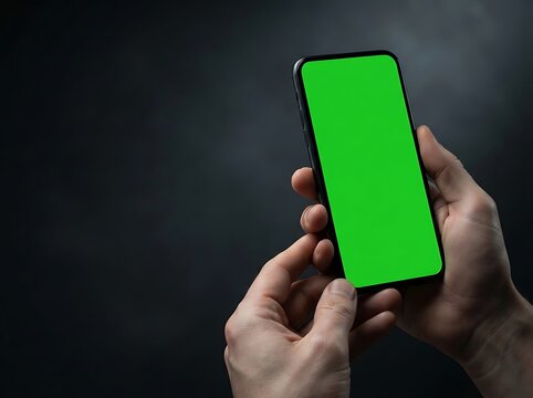 Hands holding a smartphone with a bright green screen ready for compositing