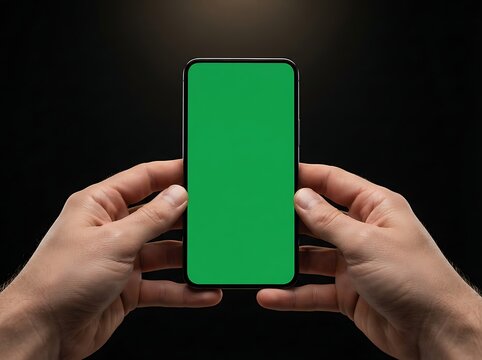 Hands holding black smartphone with green screen isolated against dark background