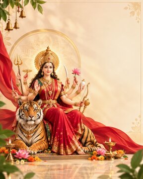 Goddess Durga sitting on tiger for Navratri festival, divine Hindu deity artwork with oil lamps and red silk drapery