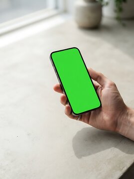 A hand displays a smartphone with a bright green screen for compositing