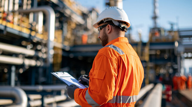 Industrial inspector in orange coveralls reviewing safety paperwork at an oil platform construction site medium rear view showing a helmet and gloved hands holding a clipboard