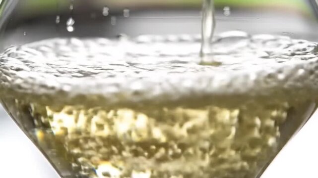 White wine pouring into crystal glass outdoors