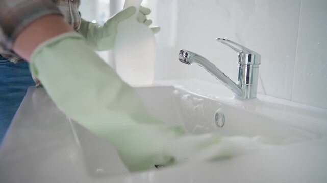 Woman wears green gloves while wiping bathroom sink with sponge and cleaner spray bottle