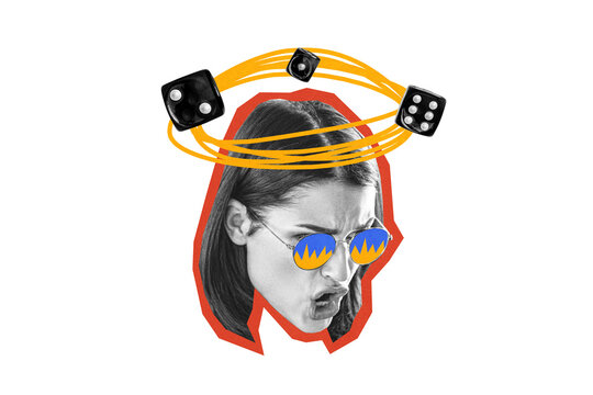 Composite trend artwork sketch photo collage of&nbsp;young lady angry face eyewear talk headache circle think mental play mind game dice cube