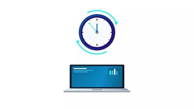 Flat 2D animation featuring a laptop and clock with rotating arrows. Illustrates productivity, digital workflow, and deadline management.