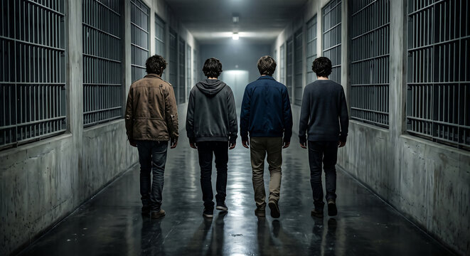 Four young males walk down a sterile prison hallway past barred cells. They are in casual hoodies and jeans, suggesting a juvenile detention setting focused on rehabilitation.