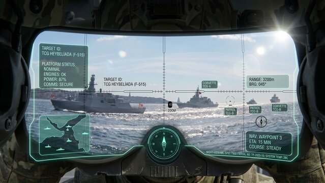 First-person binocular view with crosshairs showing military warships escorting a large commercial cargo ship at sea