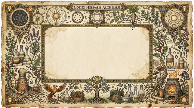 Codex herbalis alchemiae scroll featuring mandrake root and laboratory equipment for medieval science concept.
