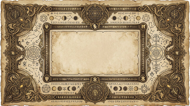 Complex hermetic diagram frame with astrological charts and sacred geometry symbols for ancient wisdom themes.
