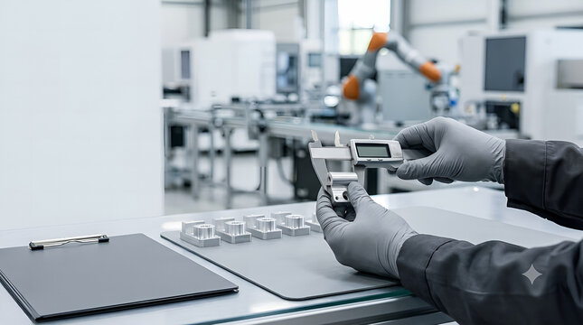 Technician Testing Industrial Part Dimensions with Digital Vernier Caliper in Smart Plant
