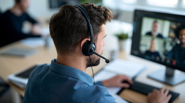 Focused European male support employee wearing a microphone headset during a video conference medium rear office portrait showing the headset band and the back of his head hands