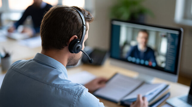 Focused European male support employee wearing a microphone headset during a video conference medium rear office portrait showing the headset band and the back of his head hands