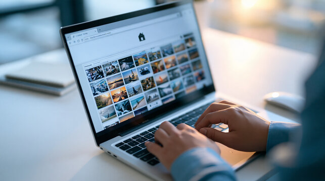 Cropped hands navigating to the homepage of a digital image catalog on a laptop a simple home navigation icon above an orderly grid of generic image thumbnails clean desk with