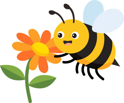Cute honeybee vector illustration with orange flower blossom Happy cartoon bumblebee mascot character for kids design Friendly insect pollinating garden flower element