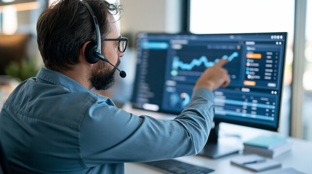 European male help desk agent handling a client inquiry while reviewing a customer management screen rear view with headset and one hand pointing toward a simple lead tracking