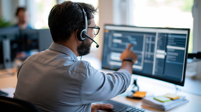 European male help desk agent handling a client inquiry while reviewing a customer management screen rear view with headset and one hand pointing toward a simple lead tracking