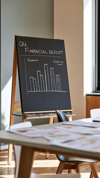 Freestanding charcoal chalkboard displaying "Q4 FINANCIAL REPORT" above neatly drawn white chalk revenue bars and expense columns clean presentation room with pale walls and