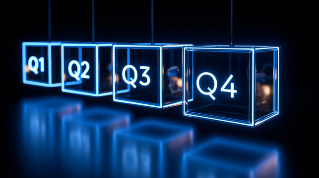 Four glowing blue neon square frames labeled "Q1" "Q2" "Q3" and "Q4" suspended against a deep charcoal background crisp illuminated lettering and subtle reflections on a black