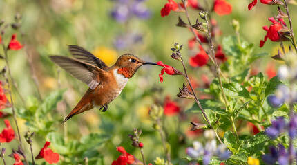 Fototapeta premium Rufous hummingbird hovering to feed on red salvia flowers in a garden