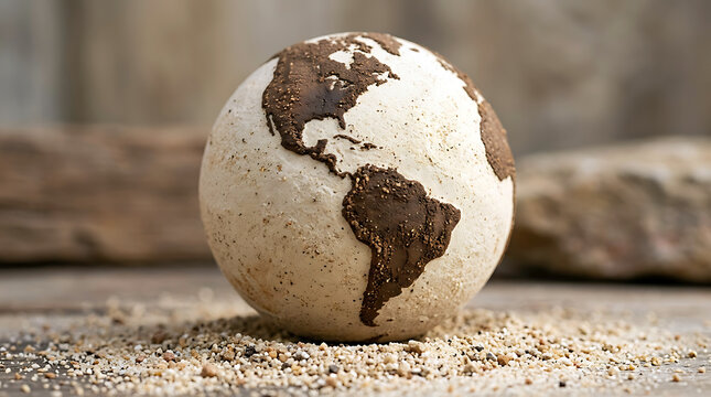 Small earth globe model made of dirt and soil on a textured surface