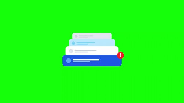 2D animation of UI message bubbles stacking vertically with a red exclamation alert on a chroma key background.
