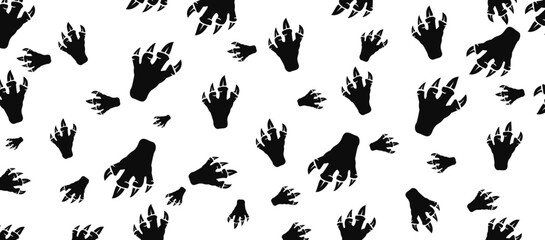 Black seamless pattern of footstep dinosaur claws, monster, dragon foot, beast. Prehistoric step texture. T-rex, raptor, scary creature grunge stamp repeat foot track wallpaper for halloween © candra