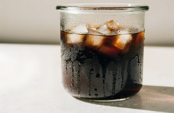 Glass jar of iced cold brew coffee with condensation in soft window light