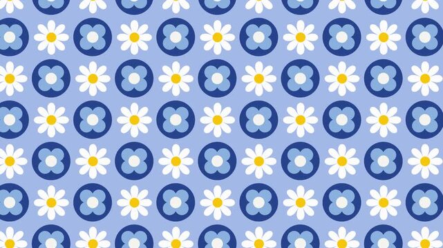 Seamless looping pattern of daisies and blue circles