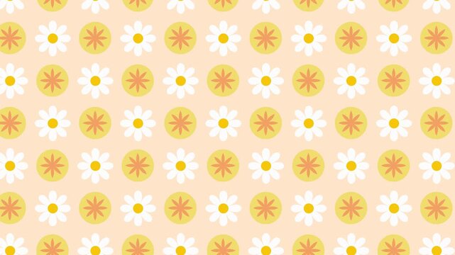 Seamless looping pattern with yellow circles and white flowers