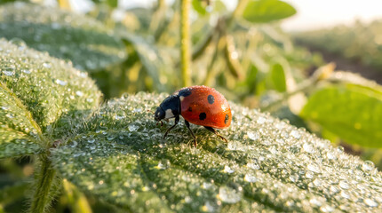 Obraz premium Ladybug on dew covered leaf in early morning sunlight macro shot