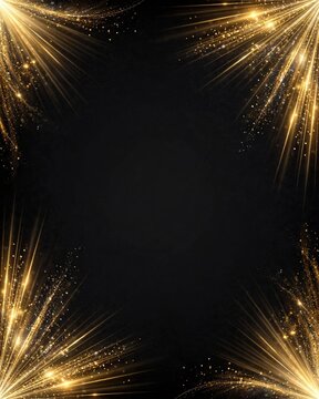 Luxury black background with golden light rays and glitter corners