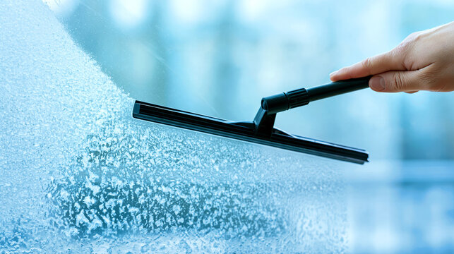 Limescale removal from glass using a rubber squeegee, revealing a crystal-clear surface beneath dense mineral deposits and water residue, professional cleaning concept.