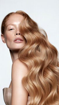 Strawberry blonde hair featuring soft copper and golden tones, luxurious glossy waves, dimensional color, silky texture, healthy shine, elegant styling, premium haircare beauty portrait.