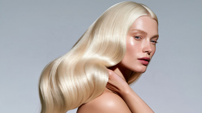 Luxurious platinum blonde hair featuring soft golden beige undertone, flowing glossy wave, silky smooth texture, luminous shine, elegant styling, premium haircare, coloring and toning beauty concept.