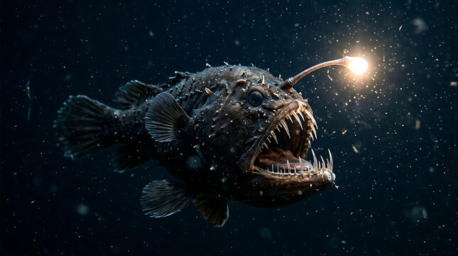 Deep sea anglerfish swimming in the dark ocean with glowing bioluminescent lure and sharp teeth