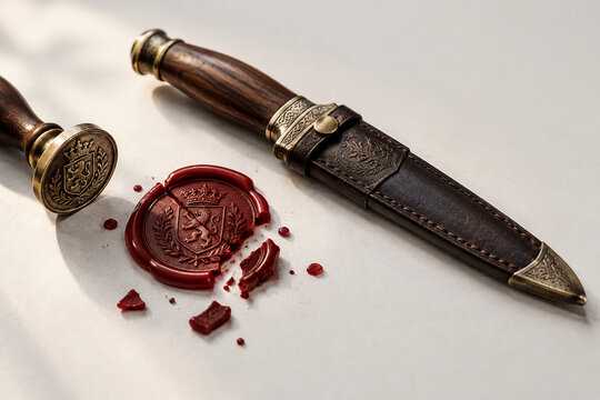 Broken wax seal with crest stamp and dagger, security and authenticity concept