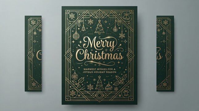 Merry christmas greeting card mockup featuring elegant gold line art typography and festive holiday decorations over a dark green background for winter celebration design
